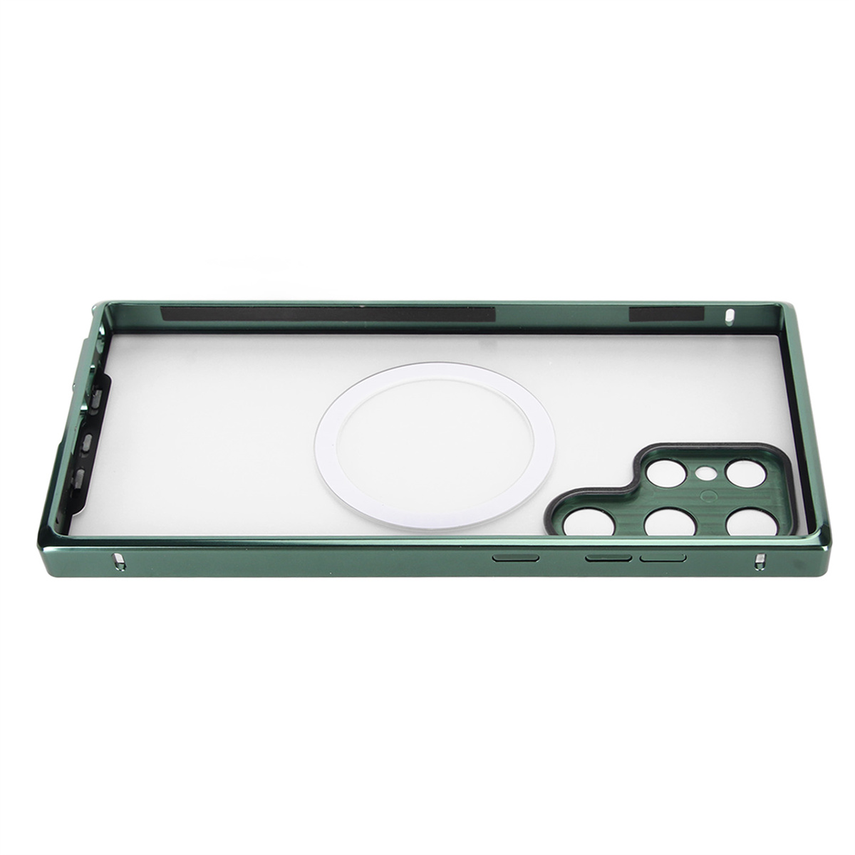 Eine grüne Handyhülle mit durchsichtigem Rücken, Kameraausschnitt und Magnetring.