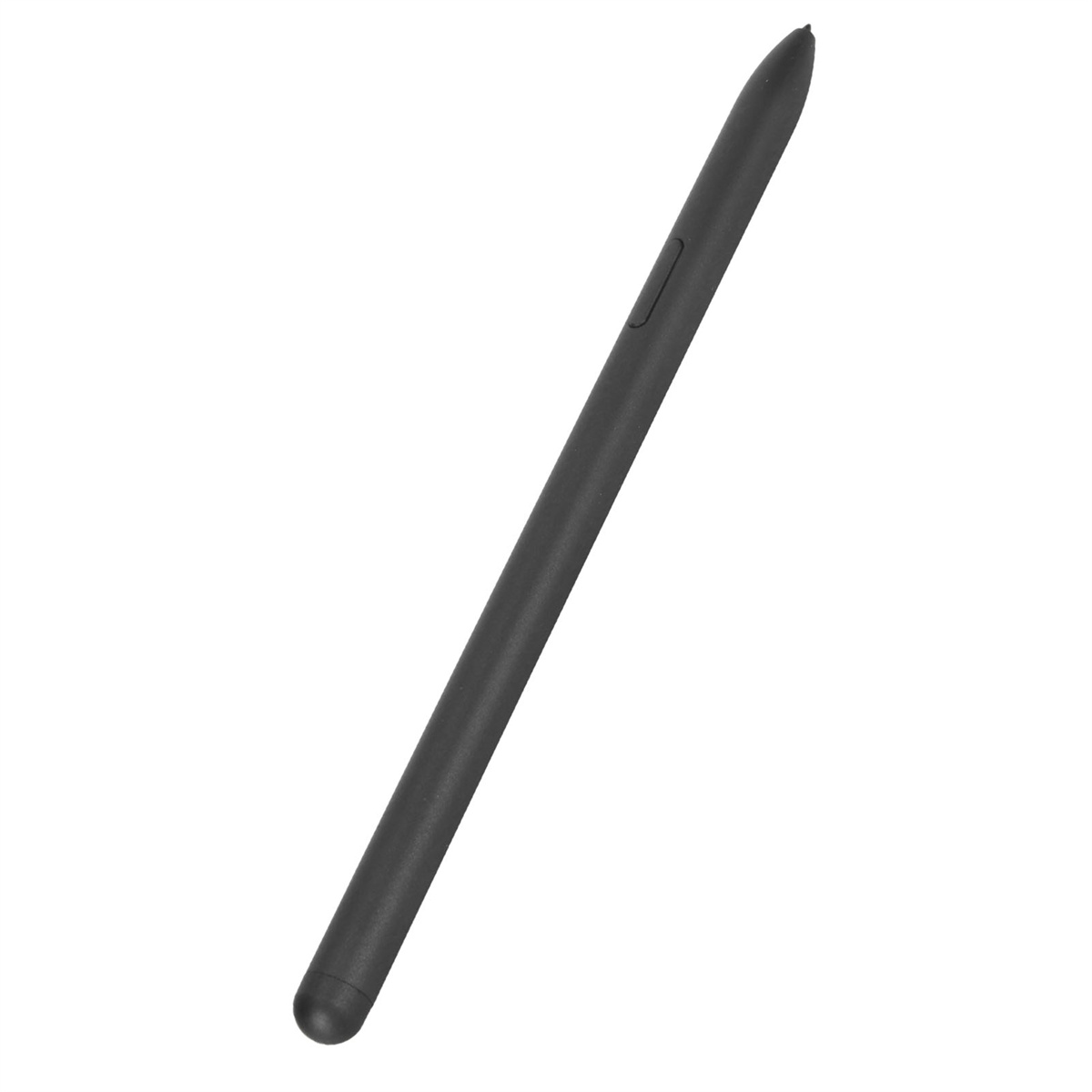Ein schwarzer Eingabestift auf weißem Hintergrund. Er ist lang und schlank.