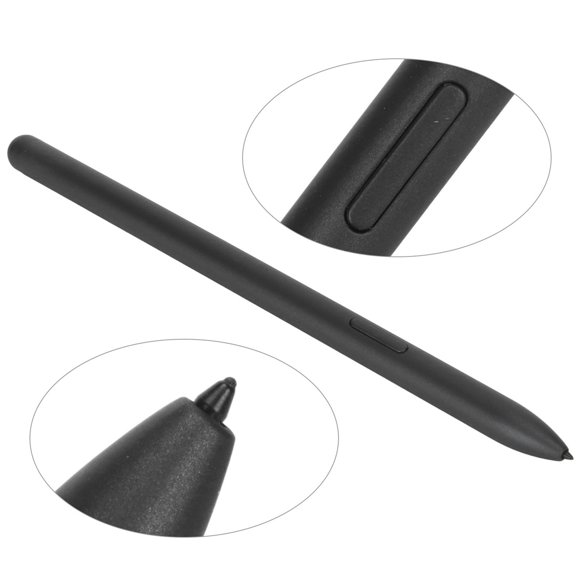 Schwarzer Stift mit Details der Spitze und Seitentaste auf weißem Hintergrund.