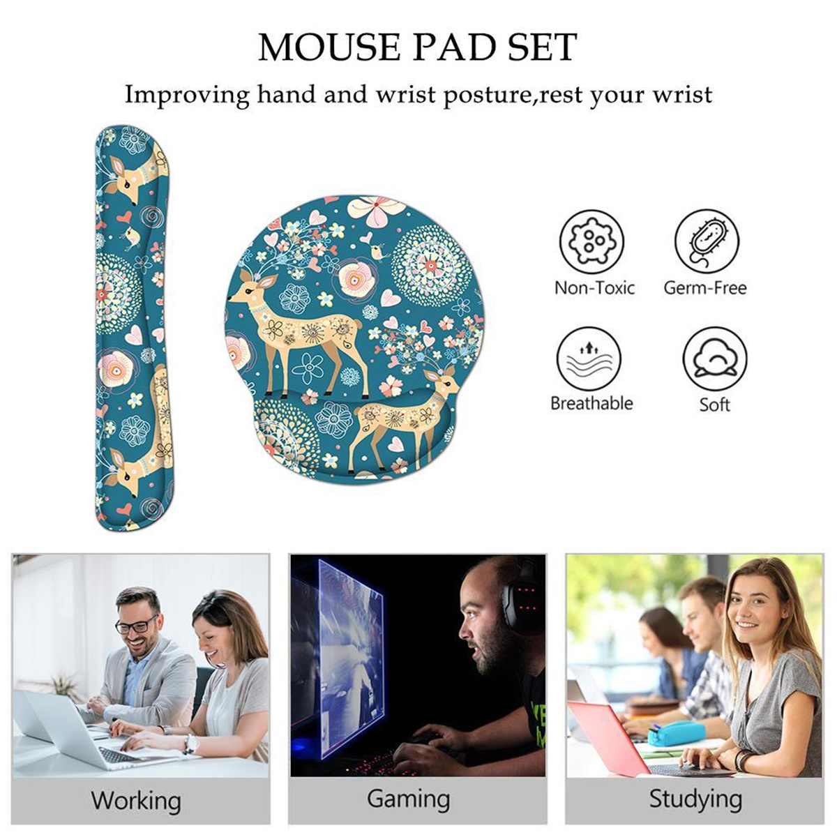 Ein Mauspad-Set mit Handgelenkauflage, rundem Pad und Menschen, die arbeiten, spielen und lernen.