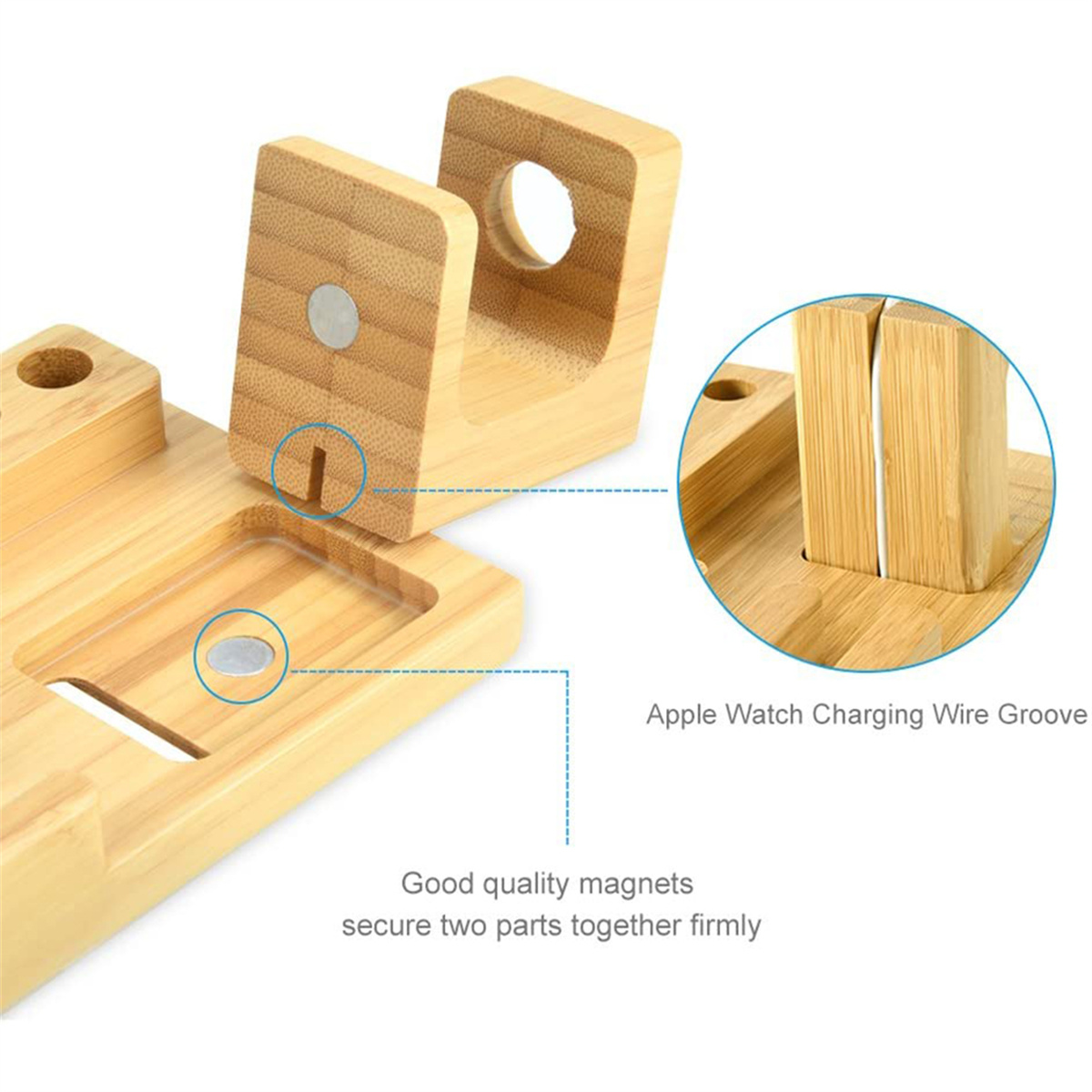 Ein hölzerner Ladeständer für Apple-Geräte. Magnete sichern die Teile. Details werden gezeigt.