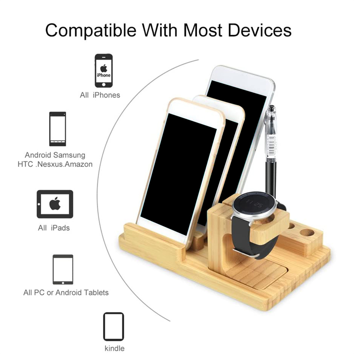 Ein Holz-Telefon-Ladeständer mit Telefonen, einem Stift und einer Smartwatch.