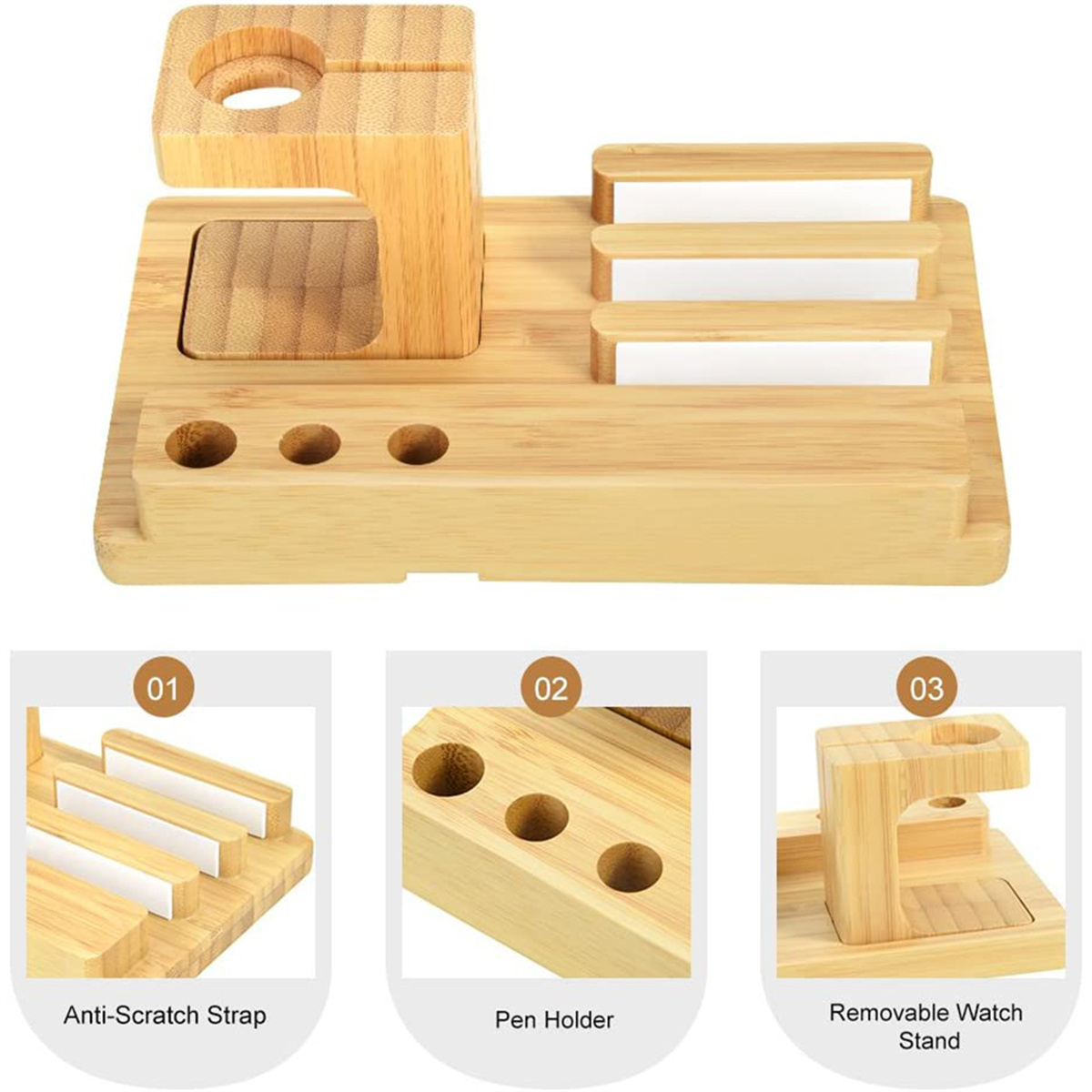 Schreibtisch-Organizer aus Holz mit Fächern für Uhr, Stifte und Telefon, mit Beschriftungen.
