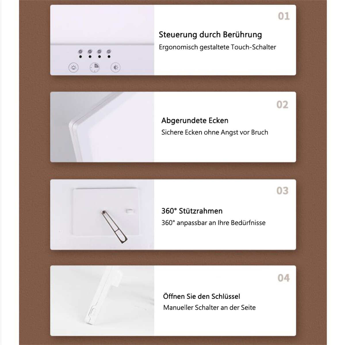 Vier Bilder mit Text zur Beschreibung der Produktmerkmale. Jedes Bild zeigt ein anderes Merkmal des Produkts.