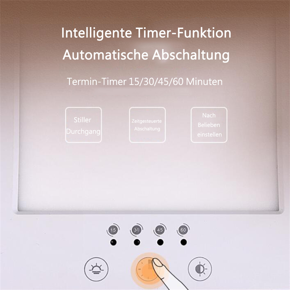 Ein weißes Display mit Timer-Optionen: 15, 30, 45 und 60 Minuten.