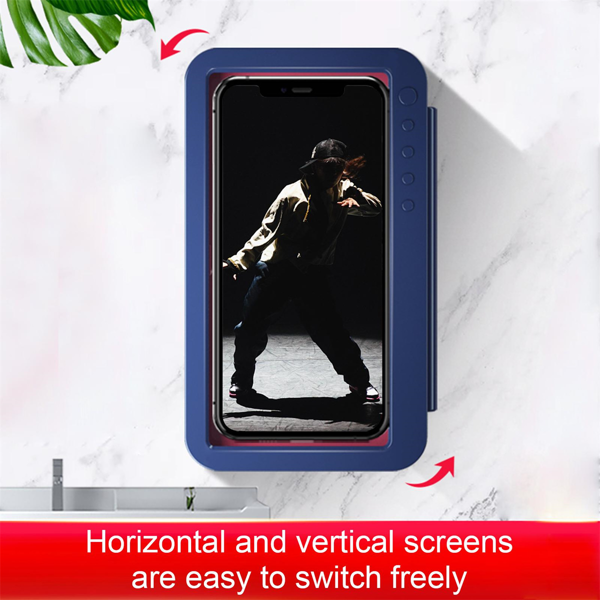 Ein Telefon in einer blauen Hülle mit einem Tänzer auf dem Bildschirm. Text: horizontale und vertikale Bildschirme sind einfach zu wechseln.