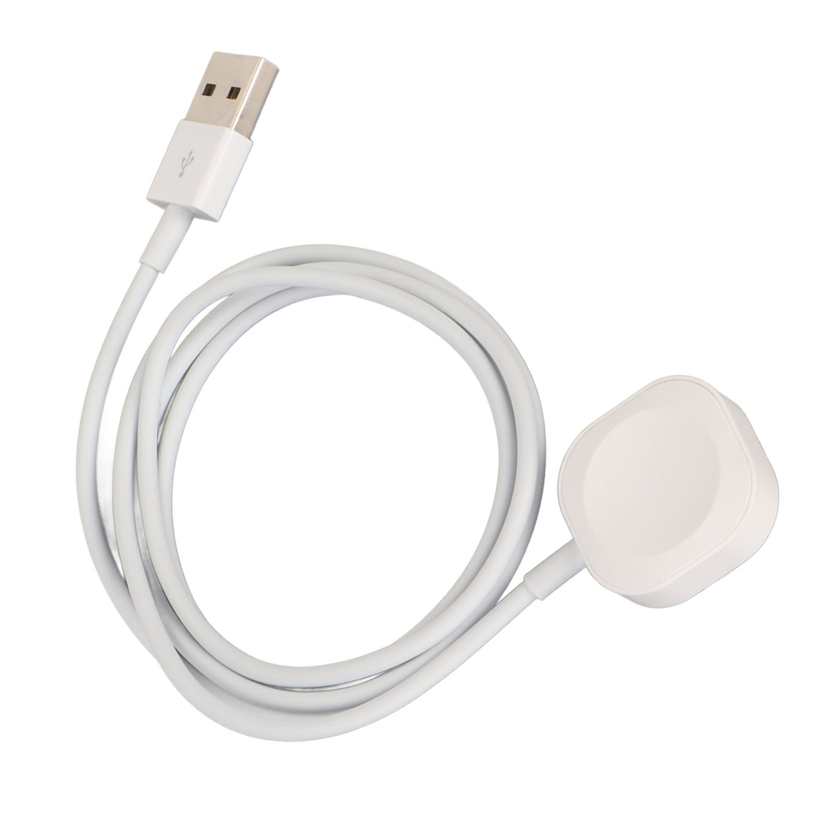 Ein weißes Apple Watch-Ladekabel mit einem USB-Anschluss an einem Ende und einem Ladepuck am anderen.