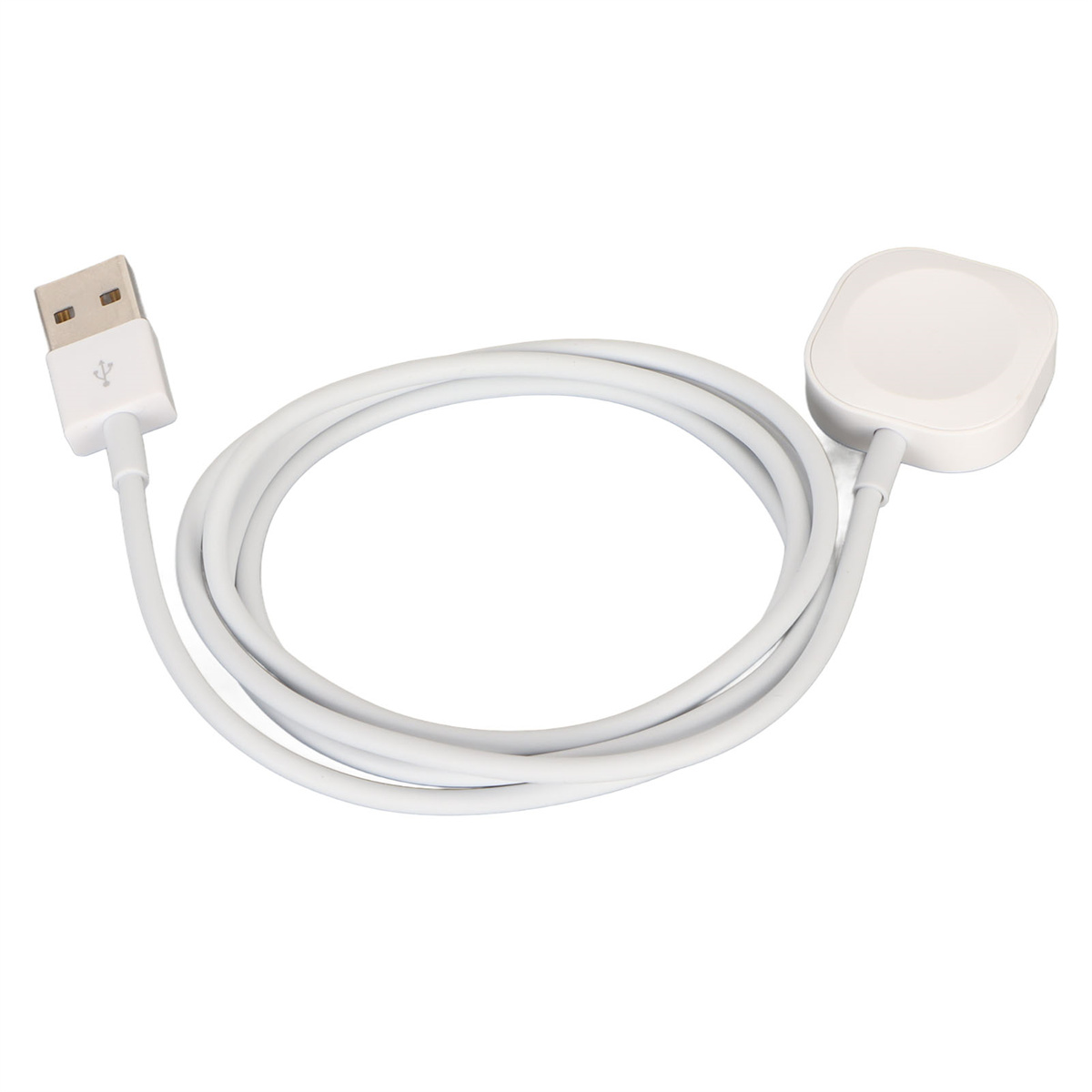 Weißes Ladekabel mit USB-A-Anschluss und eine weiße quadratische Ladestation.