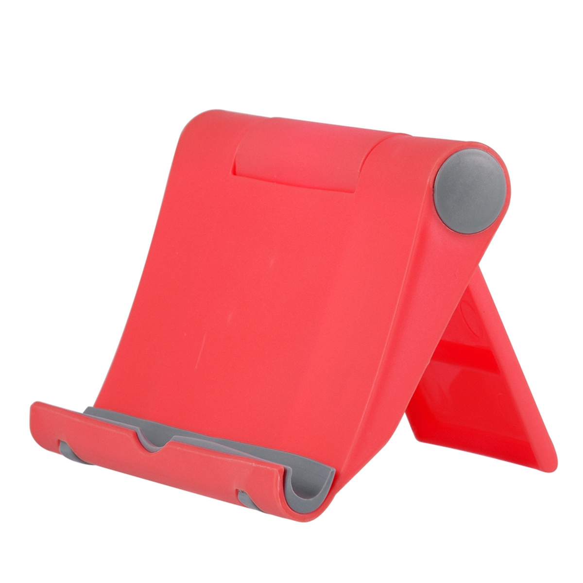 Roter Telefonständer, schräg, mit grauem Sockel. Es ist so konzipiert, dass es ein Telefon hält.