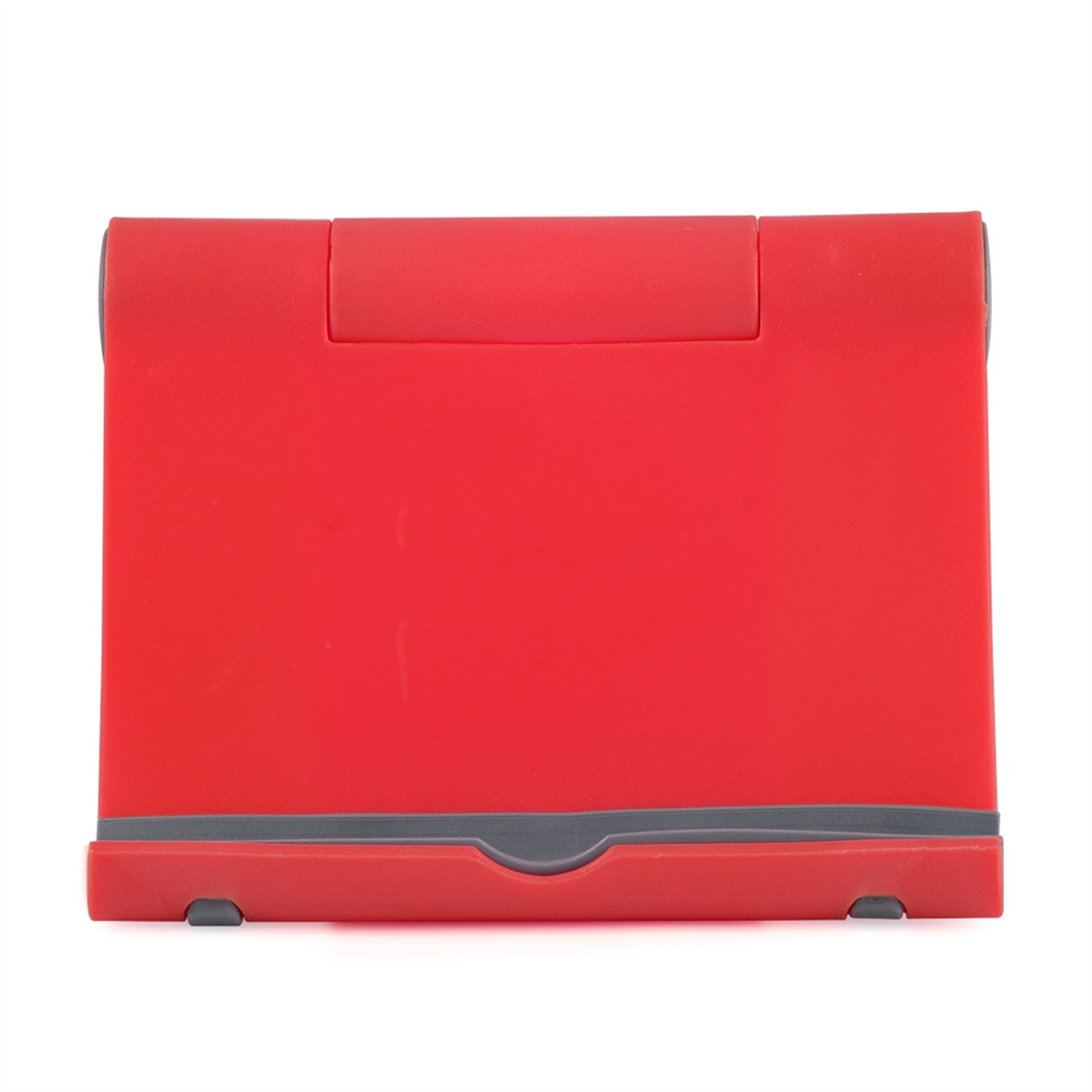 Roter Tablet-Ständer, gefaltet, Vorderseite zeigend. Einfaches Design mit flacher Oberfläche.
