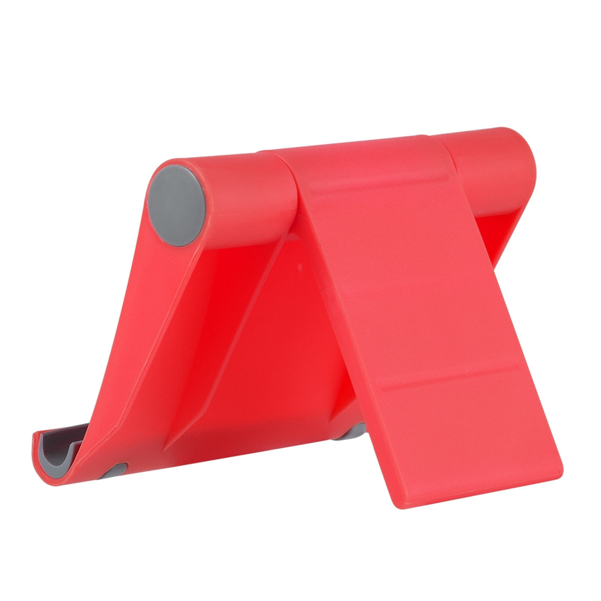 Roter Handy-Ständer aus Kunststoff mit dreieckigem Design, mit Stütze und zwei Füßen.