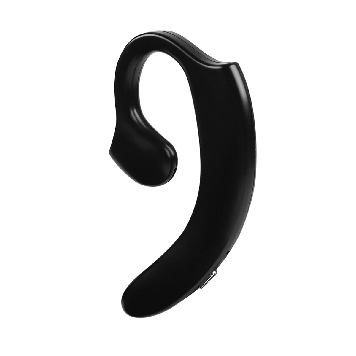 Ein schwarzer, gebogener Bluetooth-Kopfhörer auf weißem Hintergrund. Es hat eine Hakenform, die über das Ohr geht.