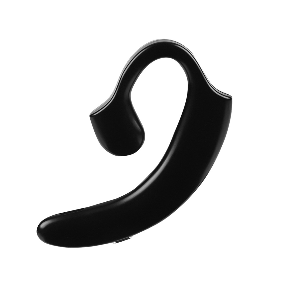 Schwarzes drahtloses Headset. Verfügt über ein gebogenes Design, das um das Ohr sitzt.