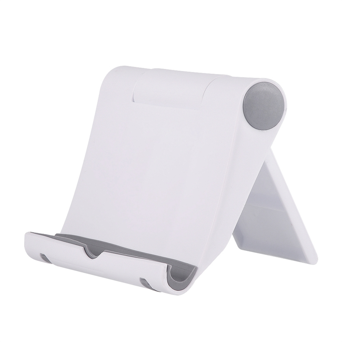 Ein weißer, verstellbarer Tablet-Ständer in gefalteter Position, graue Details am Sockel.