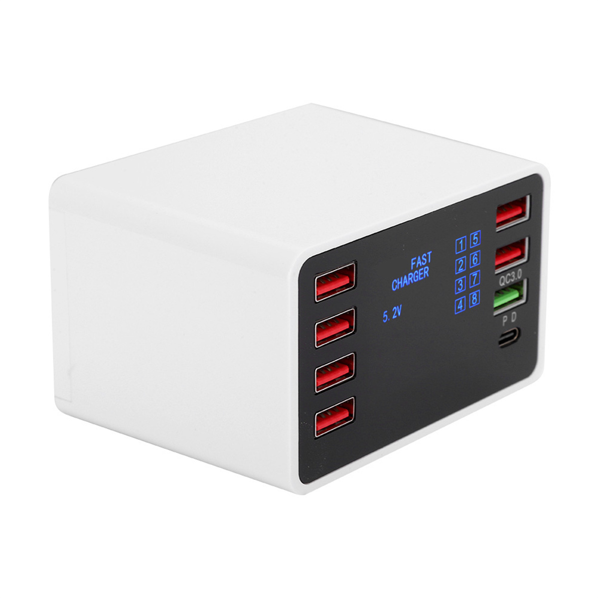 Weiße Ladestation mit mehreren roten USB-Anschlüssen und einem schwarzen Display. Weißer Hintergrund.