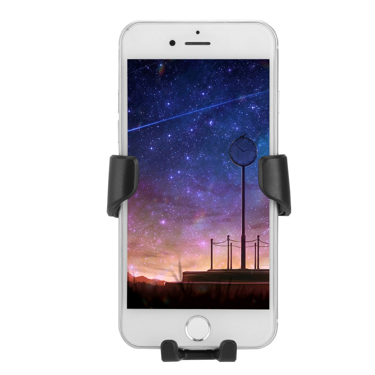 Smartphone in einer Telefonhalterung. Der Bildschirm zeigt eine Sternennacht und eine Uhr.