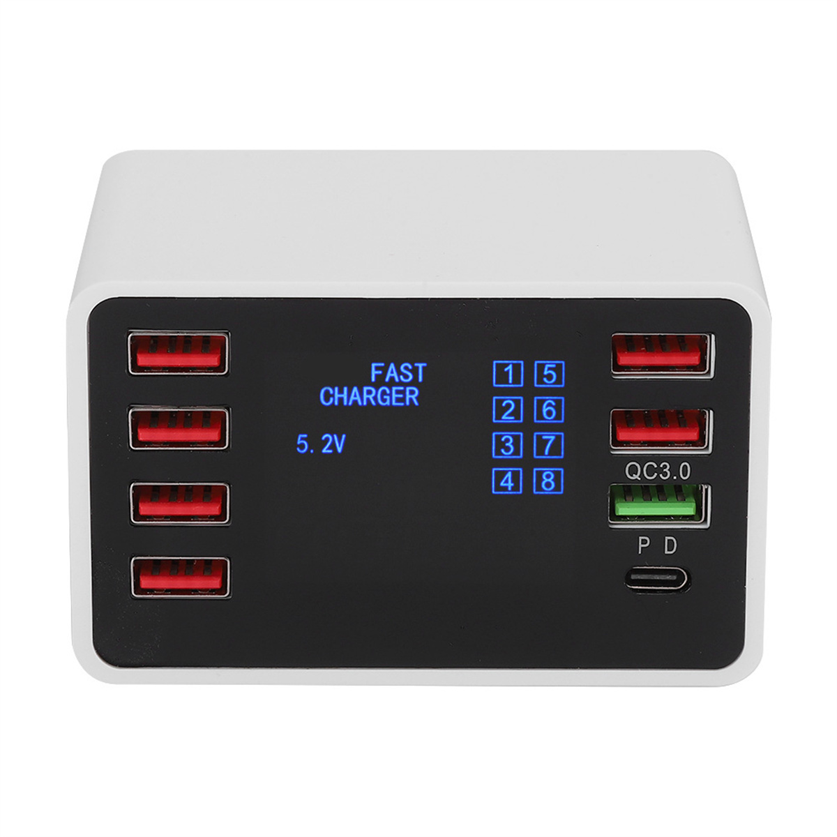 Weißes Schnellladegerät mit mehreren USB-Anschlüssen und einem schwarzen Display.
