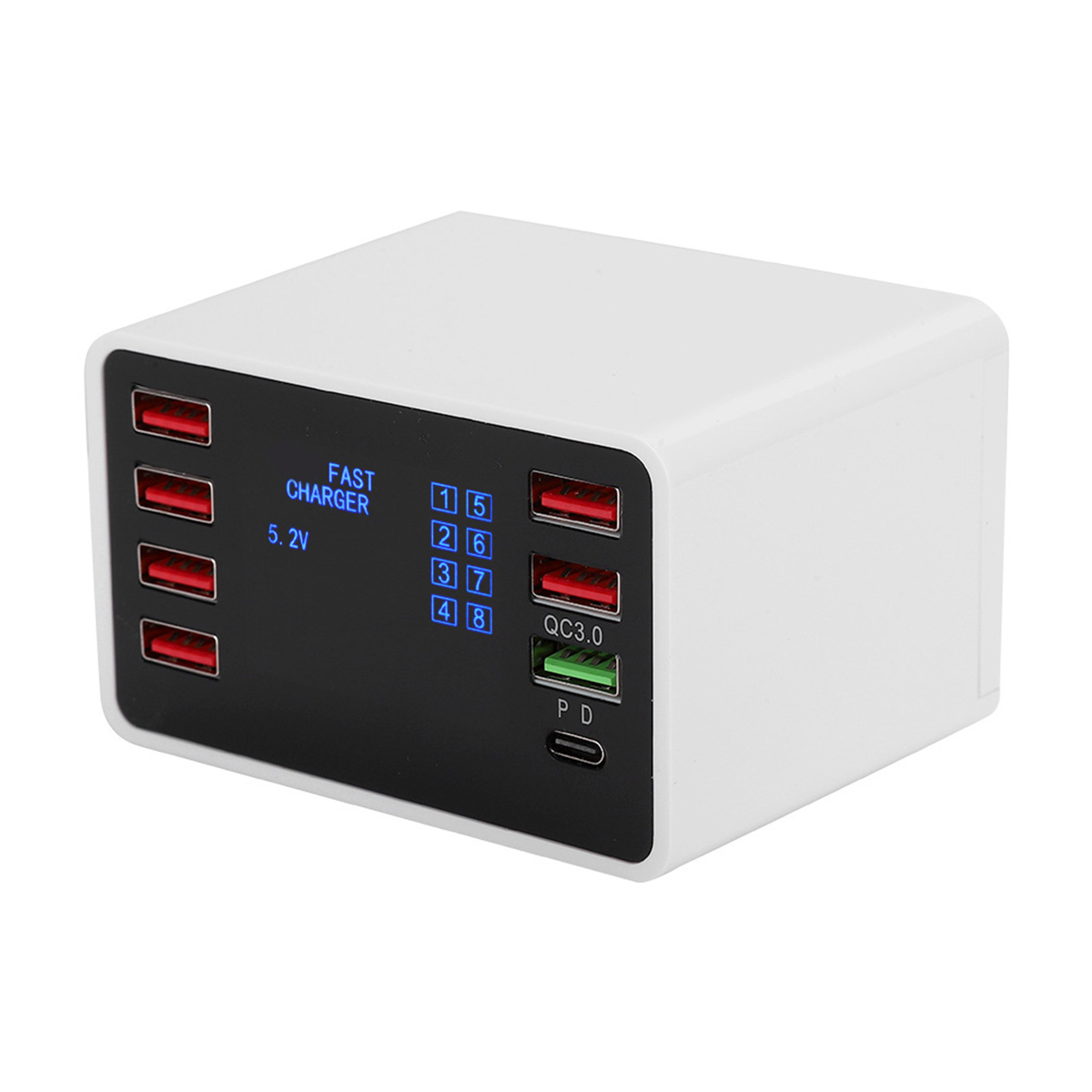 Ein weißes Mehrfach-Schnellladegerät mit mehreren USB-Anschlüssen, einige rot, und einem LCD-Display, isoliert.