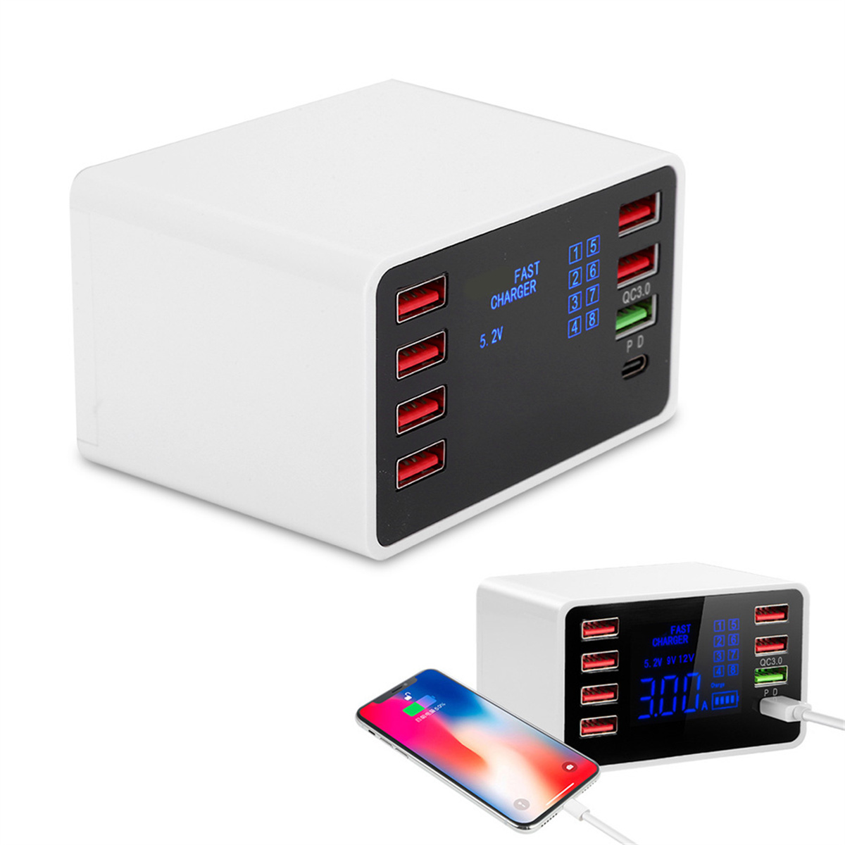 Eine weiße Ladestation mit mehreren Anschlüssen, ein ladendes Telefon und ein Display mit Ladeinfos.