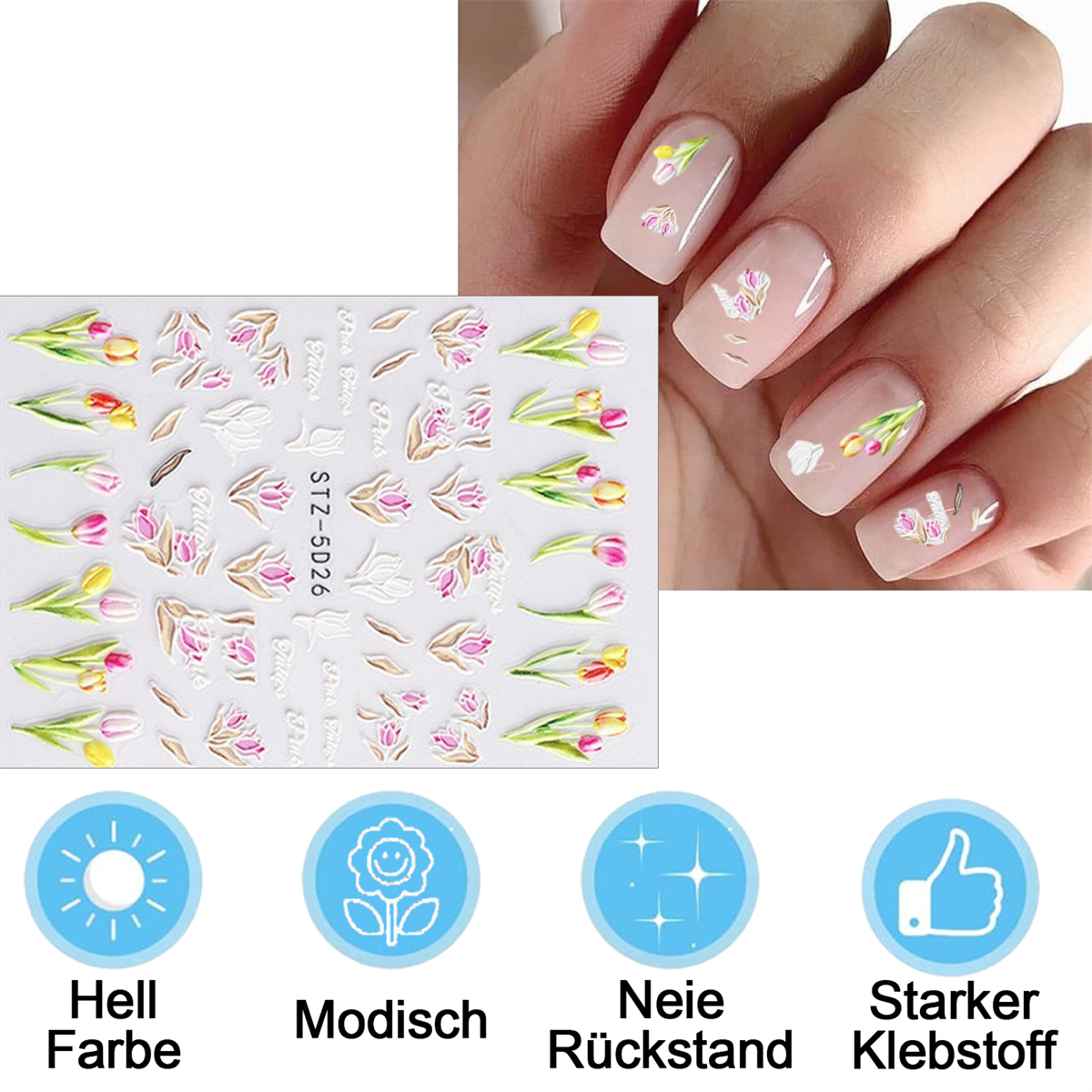Nagelkunst: Tulpen, Blumen. Nägel sind mit Blumenstickern verziert. Weißer Hintergrund und Icons.