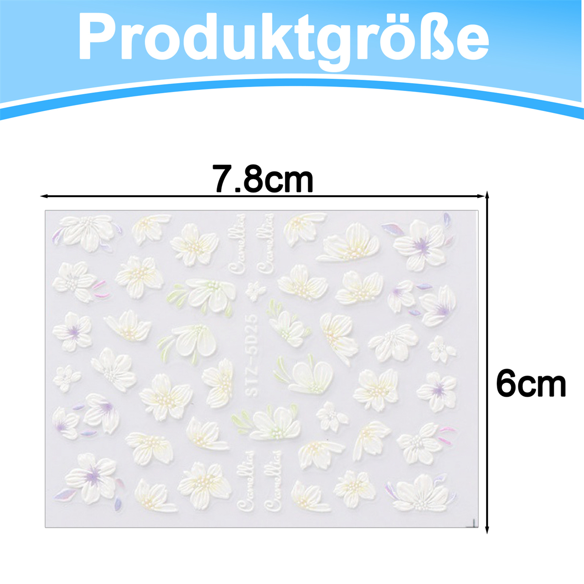 Ein Aufkleberbogen mit weißen Blumenaufklebern mit Maßtext. Oben ein blauer Header.