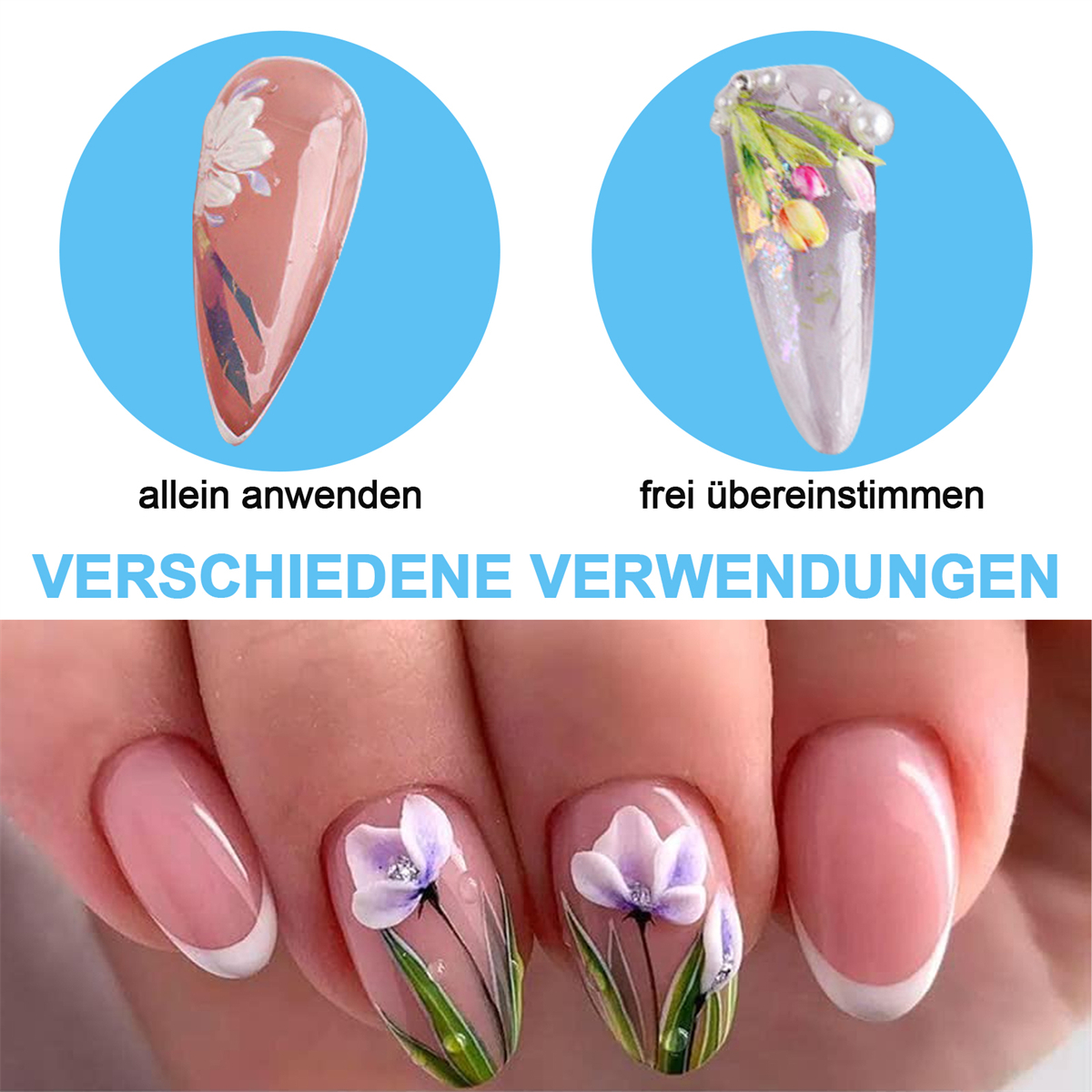 Zwei Sets Nagelkunst: eines mit floralem Design, das andere mit Blumen- und Perlenverzierungen.