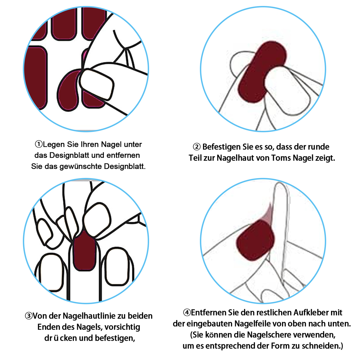 Vier Diagramme zeigen, wie man Nagelaufkleber anbringt. Hände und Nägel sind in den Abbildungen.