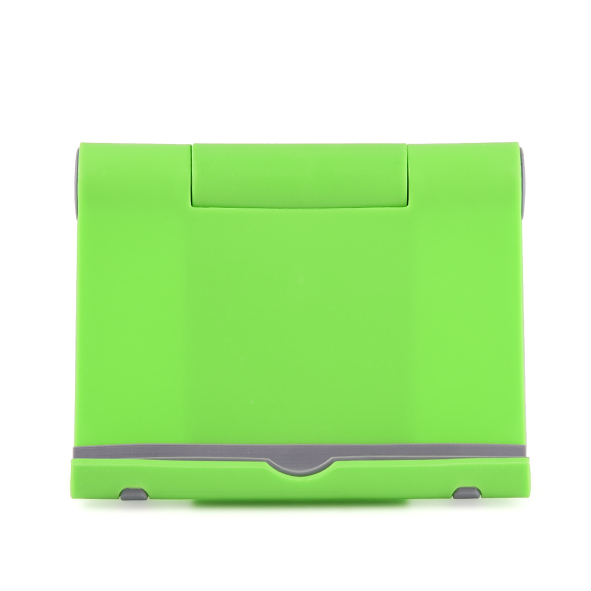 Hellgrüner Tablet-Ständer mit grauem Sockel und weißem Hintergrund.