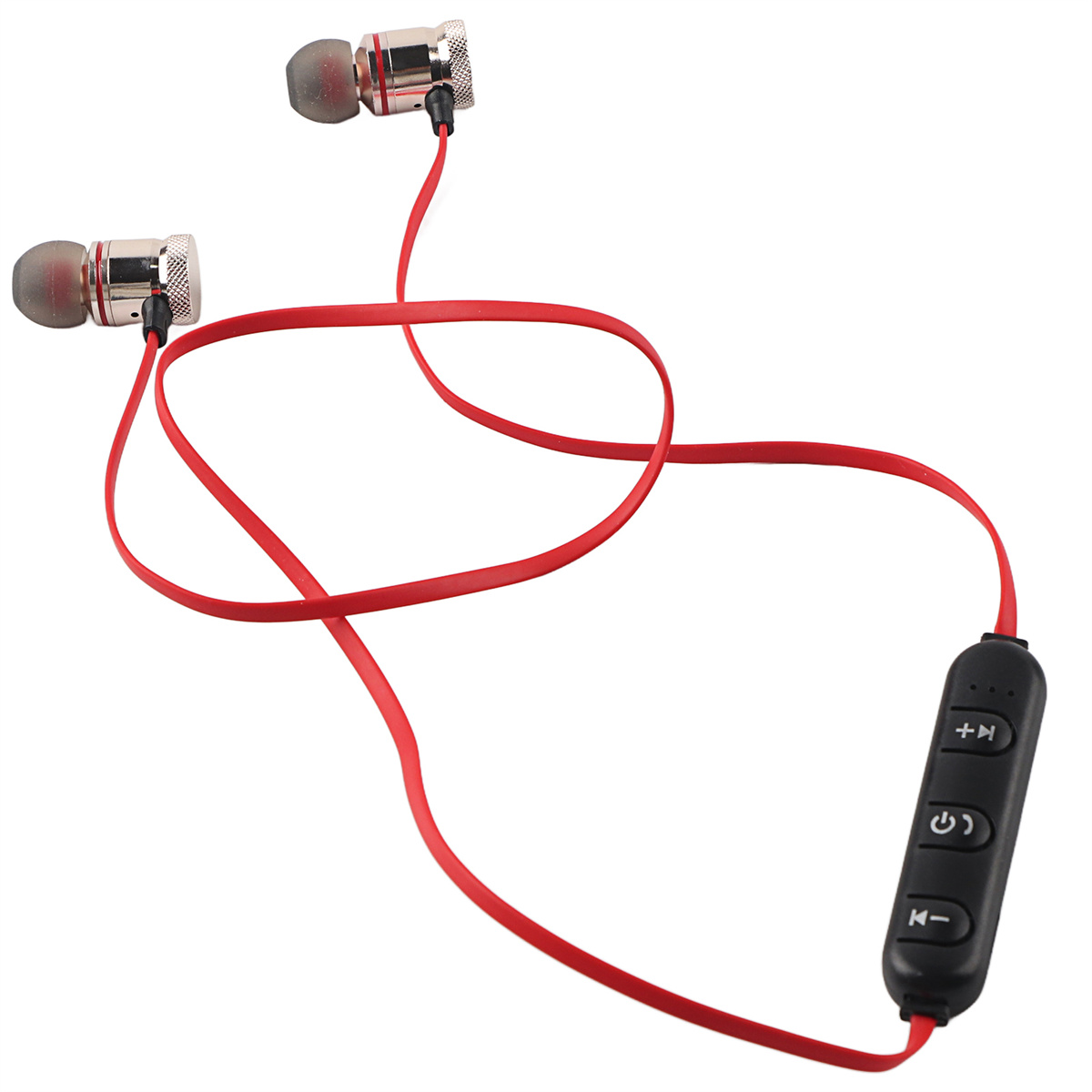 Rote Ohrhörer mit Controller, verbunden durch ein rotes Kabel, vor weißem Hintergrund.