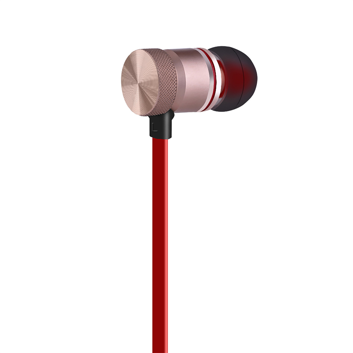 Roségoldener Ohrhörer mit rotem Kabel, weißer Hintergrund.