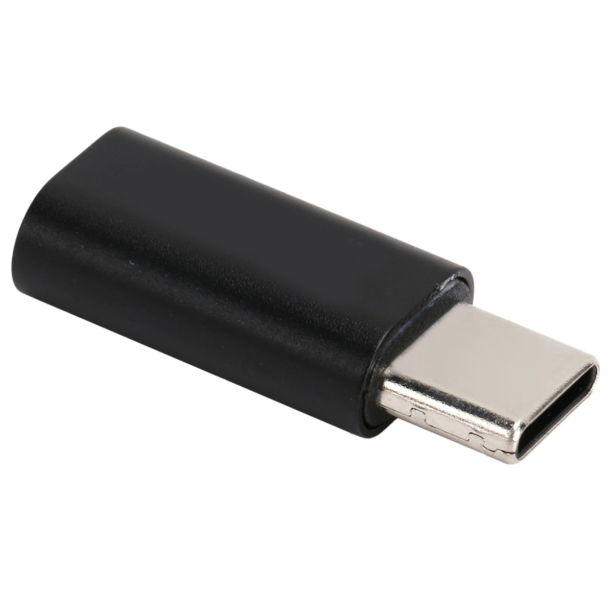 Schwarzer USB-C-zu-USB-C-Adapter. Er hat ein schwarzes Gehäuse und einen silbernen USB-C-Stecker.