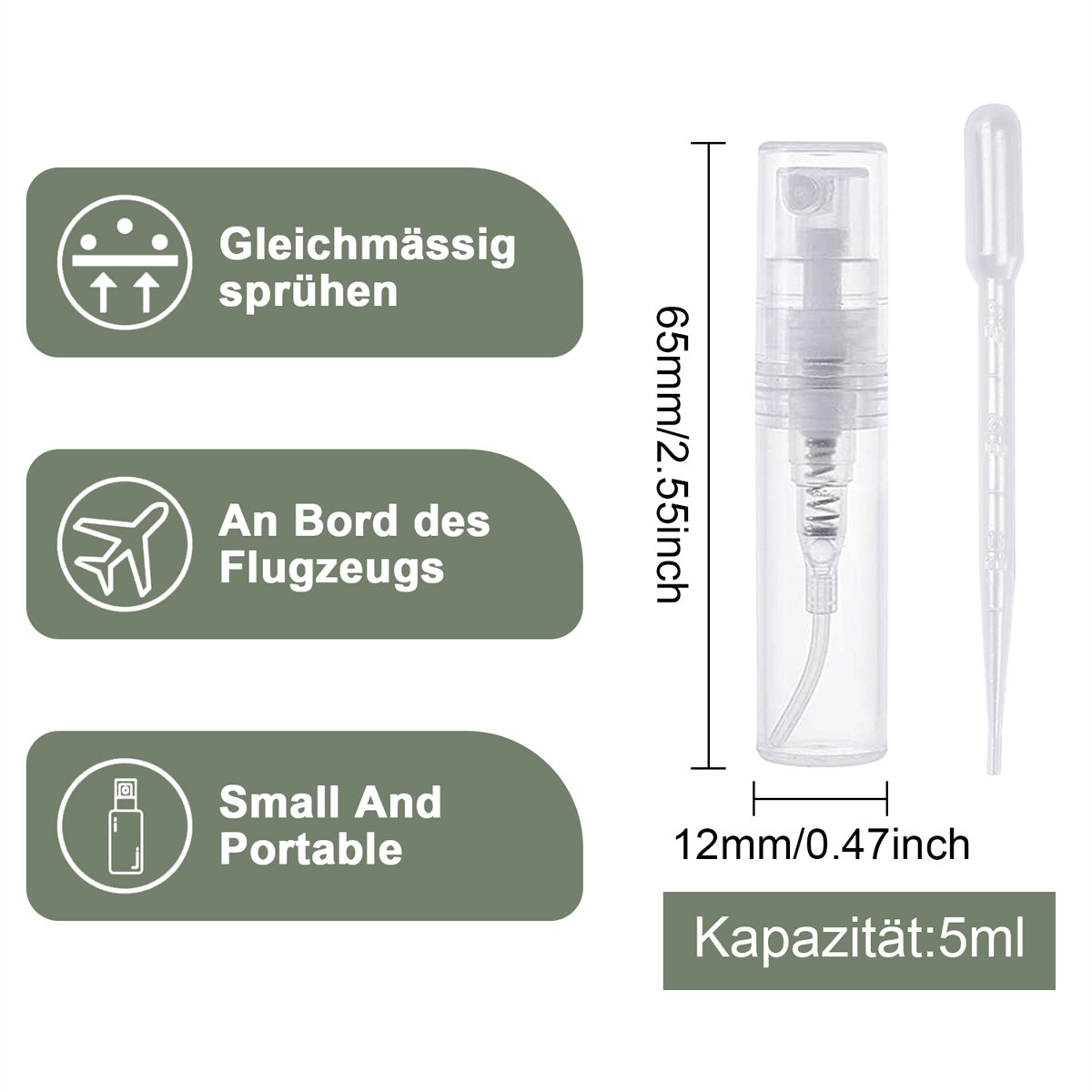 Kleine, transparente Sprühflasche mit Maßen. Enthält Etiketten: Sprühen, Flugzeug und tragbar.