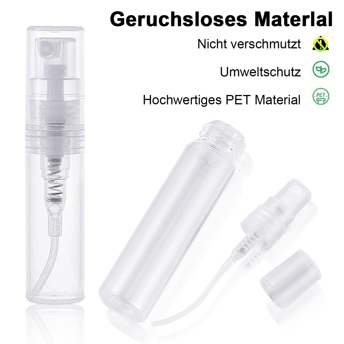 Drei transparente Sprühflaschen, eine montiert, zwei demontiert, isoliert auf Weiß.