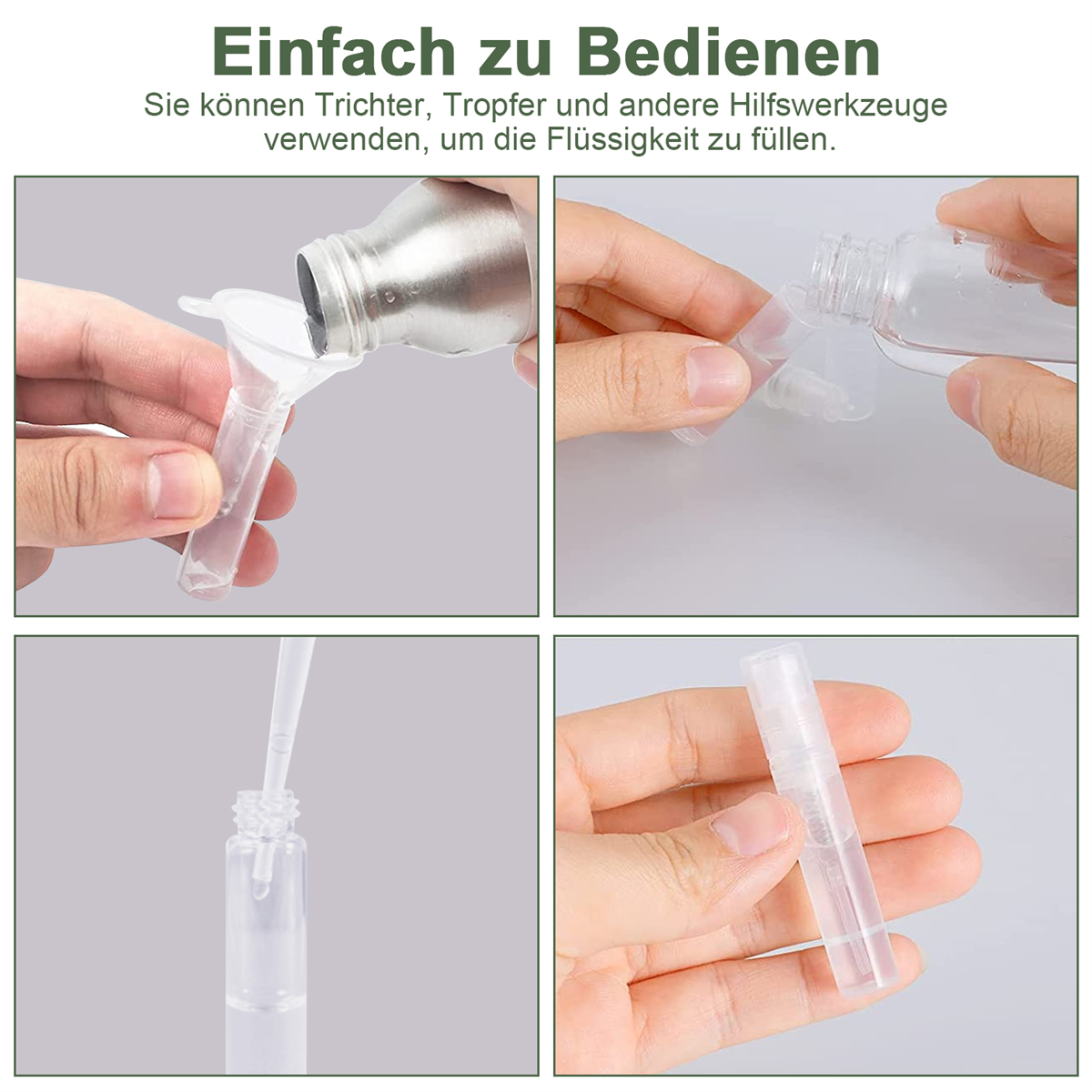 Vier Bilder, die zeigen, wie man eine kleine Flasche mit einem Trichter und anderen Werkzeugen füllt. Klarer Hintergrund.
