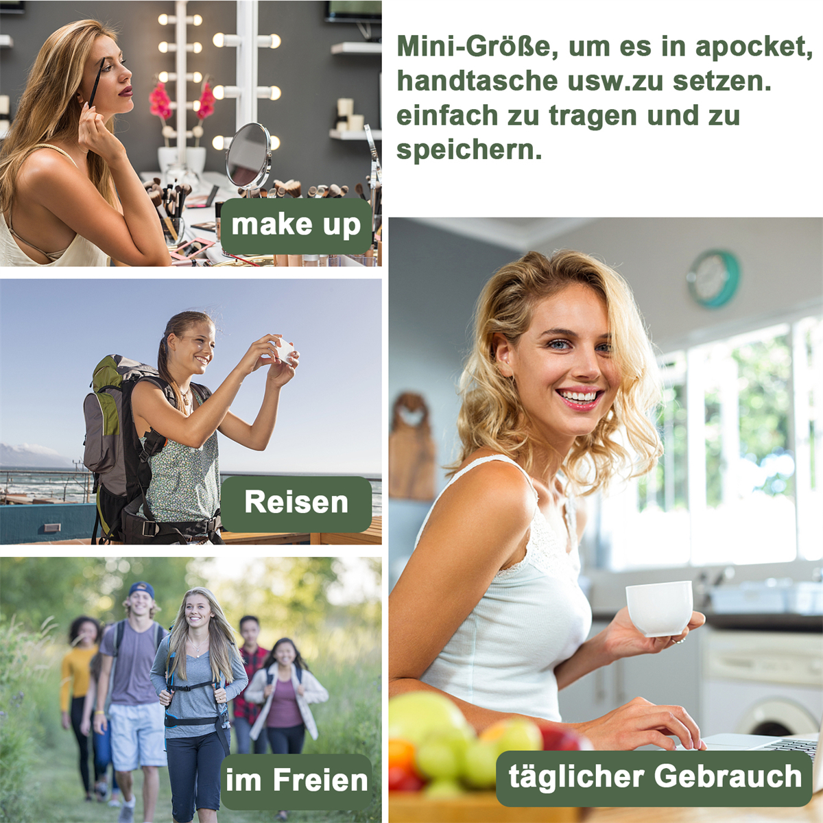 Collage von Bildern mit Personen, die sich schminken, reisen und eine Tasse benutzen.