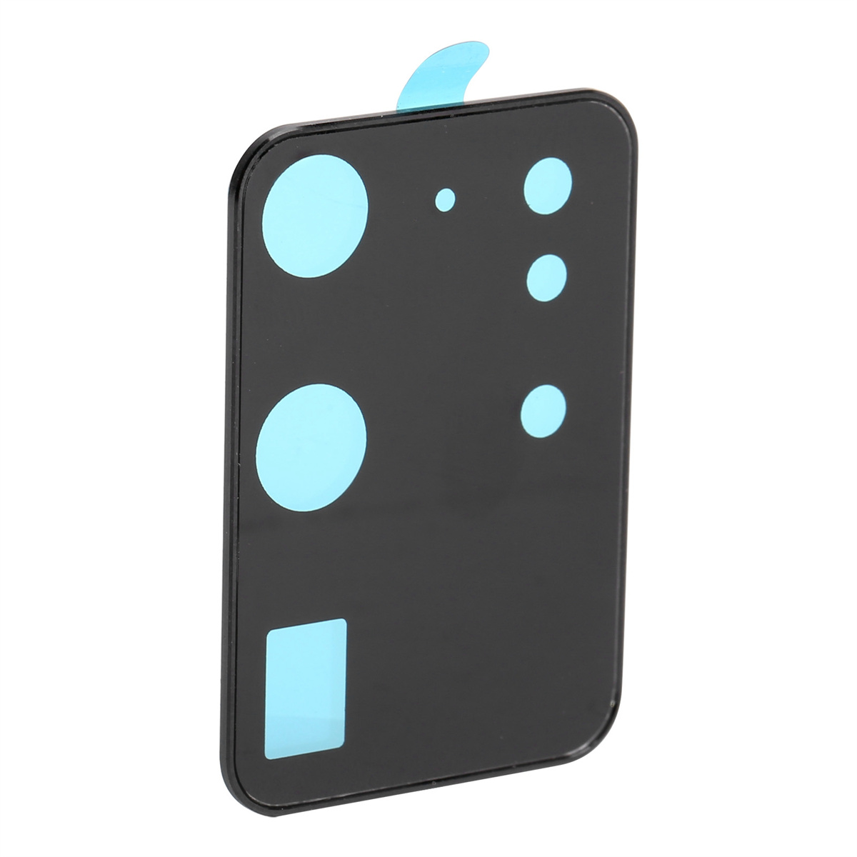 Schwarzes Smartphone-Kamerapanel mit blauen Kreisen und Quadrat. Isoliert auf Weiß.