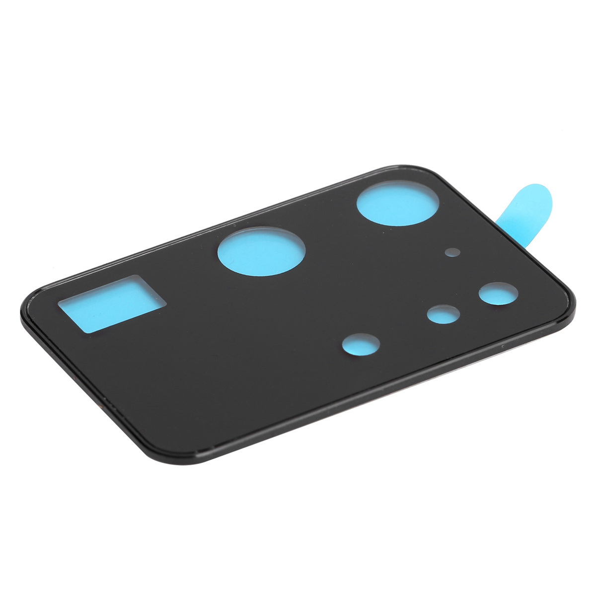 Schwarze Telefonkameraabdeckung mit drei Kameralöchern und einem blauen Klebestreifen, weißer Hintergrund.