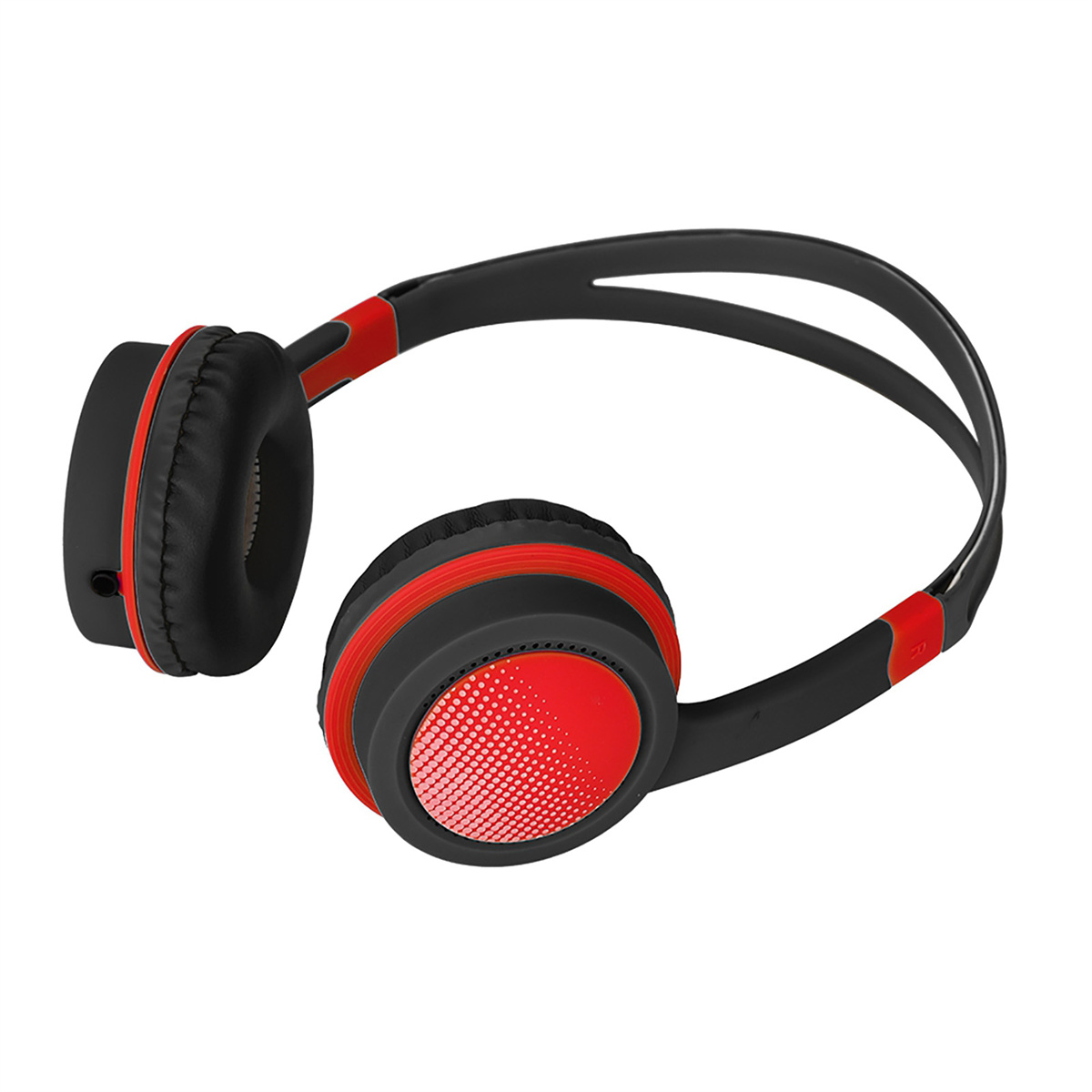 Over-Ear-Kopfhörer mit schwarzen und roten Akzenten. Die Ohrmuscheln sind schwarz mit roten Details.