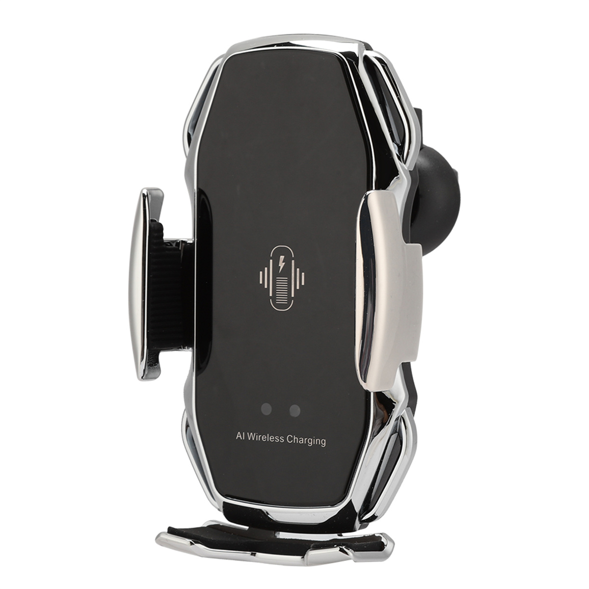 Schwarzer und silberner Autotelefonhalter. Hat ein AI Wireless Charging Logo auf der Vorderseite.