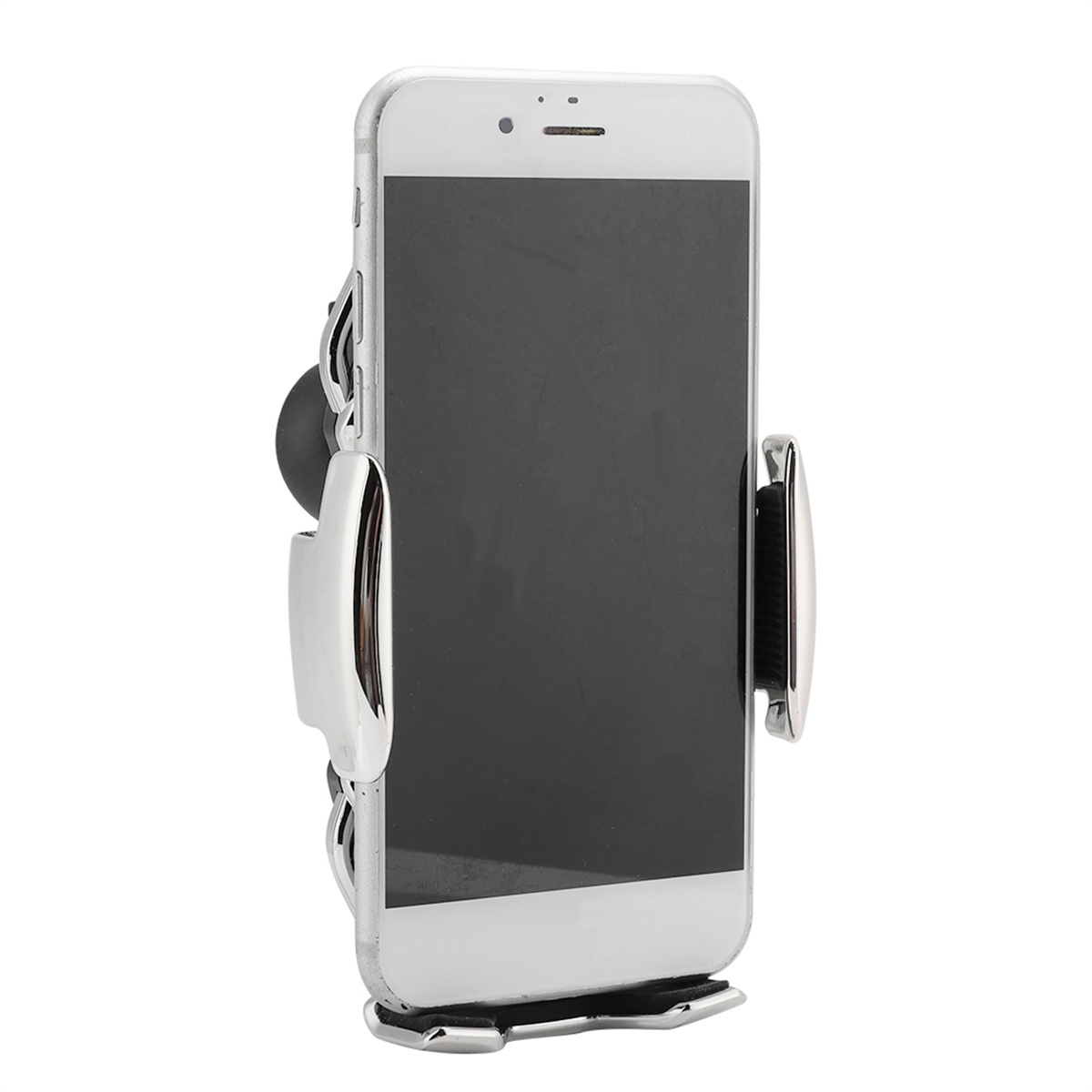 Telefon in einer silbernen Autotelefonhalterung. Das Telefon ist schwarz.