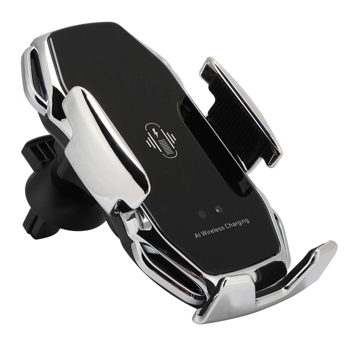 Schwarzer und silberner Autotelefonhalter. Symbol für kabelloses Laden.
