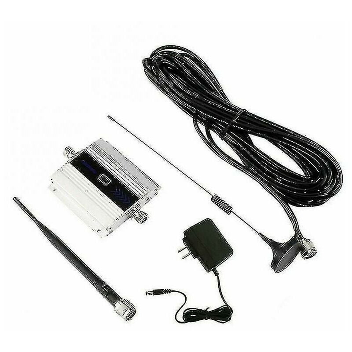 Weißes, silbernes und schwarzes Signalverstärker-Kit. Enthält Antennen und Netzteil.