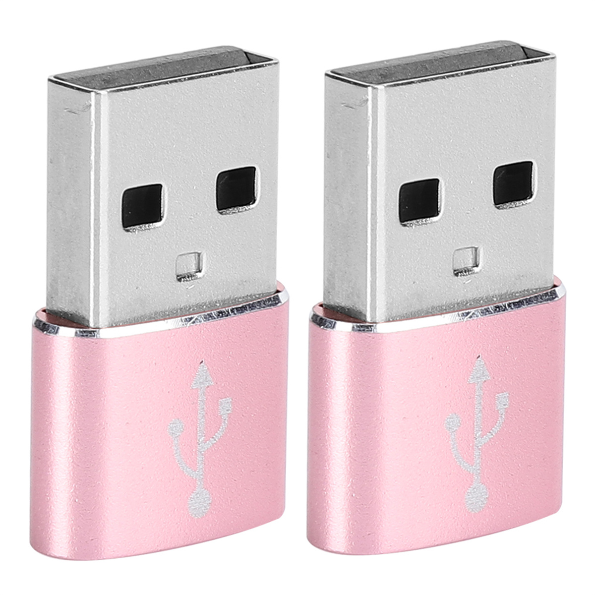 Zwei rosa USB-Adapter mit USB-Symbol. Die Adapter liegen nebeneinander auf einer weißen Oberfläche.