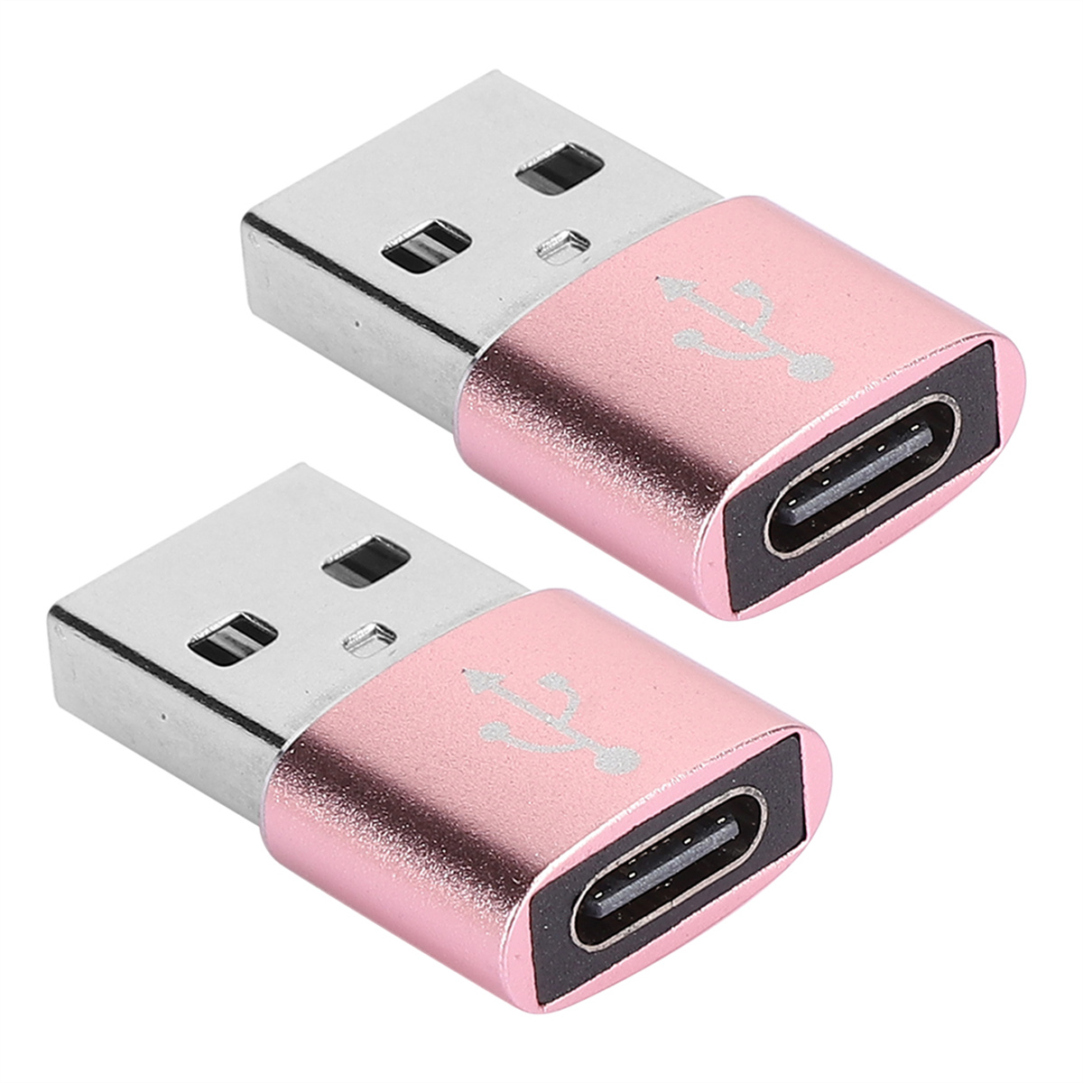 Zwei rosa USB-C-zu-USB-Adapter liegen auf weißem Grund.