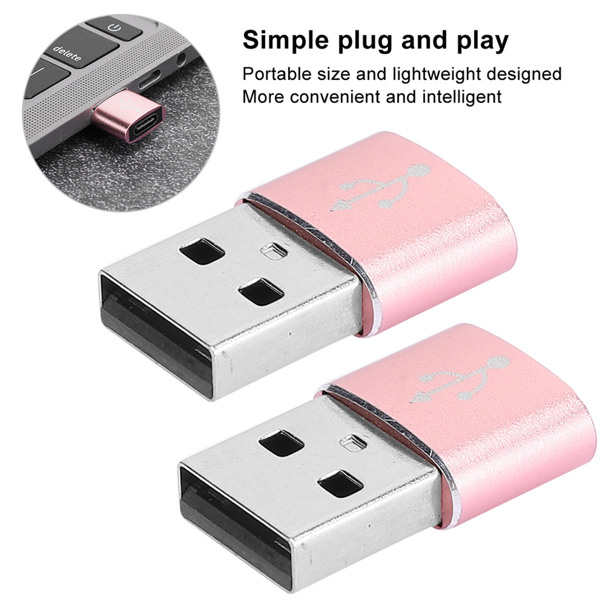 Zwei rosa USB-Sticks, die in einen Laptop eingesteckt sind. Text: Einfaches Plug & Play, tragbare Größe.