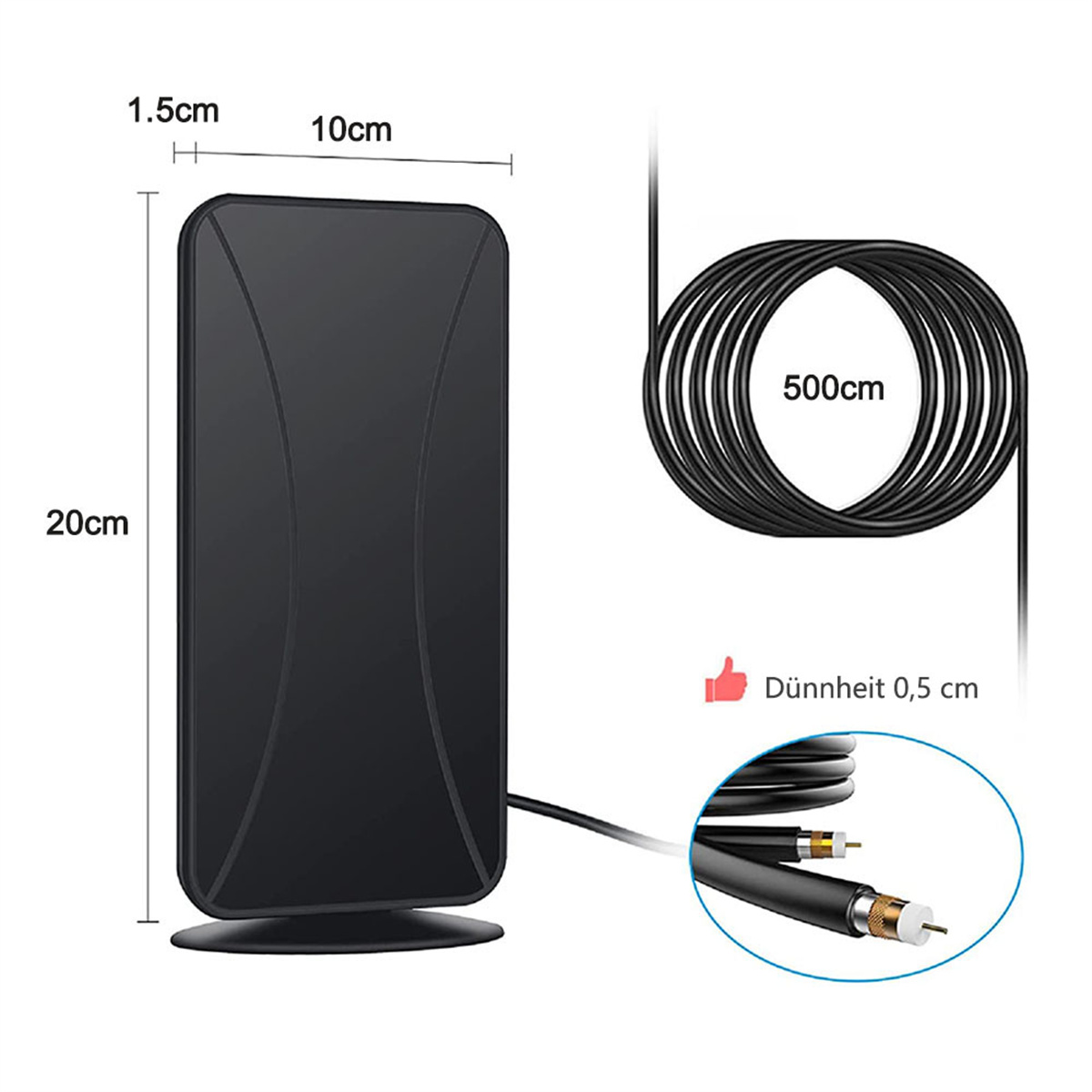 Schwarze Antenne mit Abmessungen, 20 cm hoch, 10 cm breit, 1,5 cm dick, Kabel 500 cm lang.