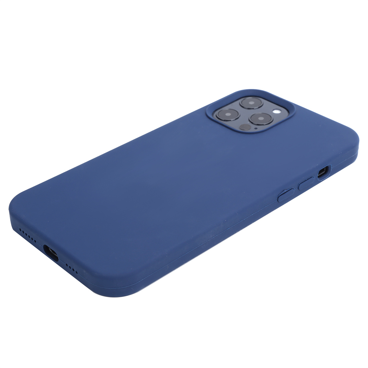 Eine blaue Handyhülle für ein Smartphone mit drei Kameraausschnitten und Seitentasten auf weißem Hintergrund.