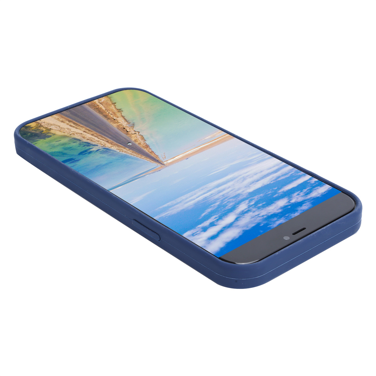 Smartphone in blauem Gehäuse mit Landschaftsbild, auf weißer Oberfläche.