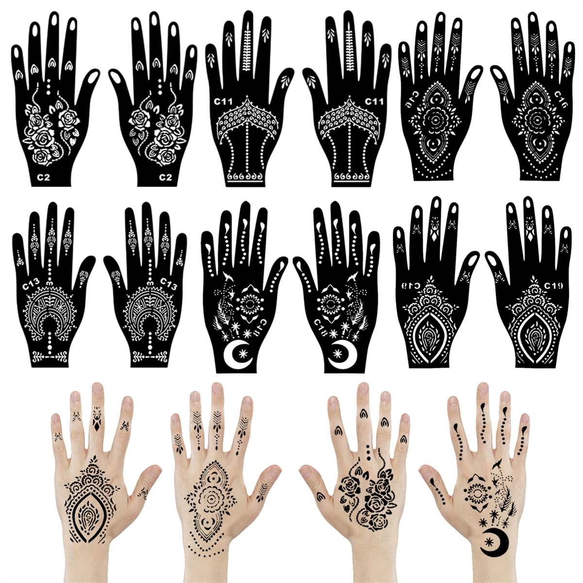 Henna-Schablonen-Designs auf der Hand, Schwarz-Weiß-Muster auf weißem Hintergrund.
