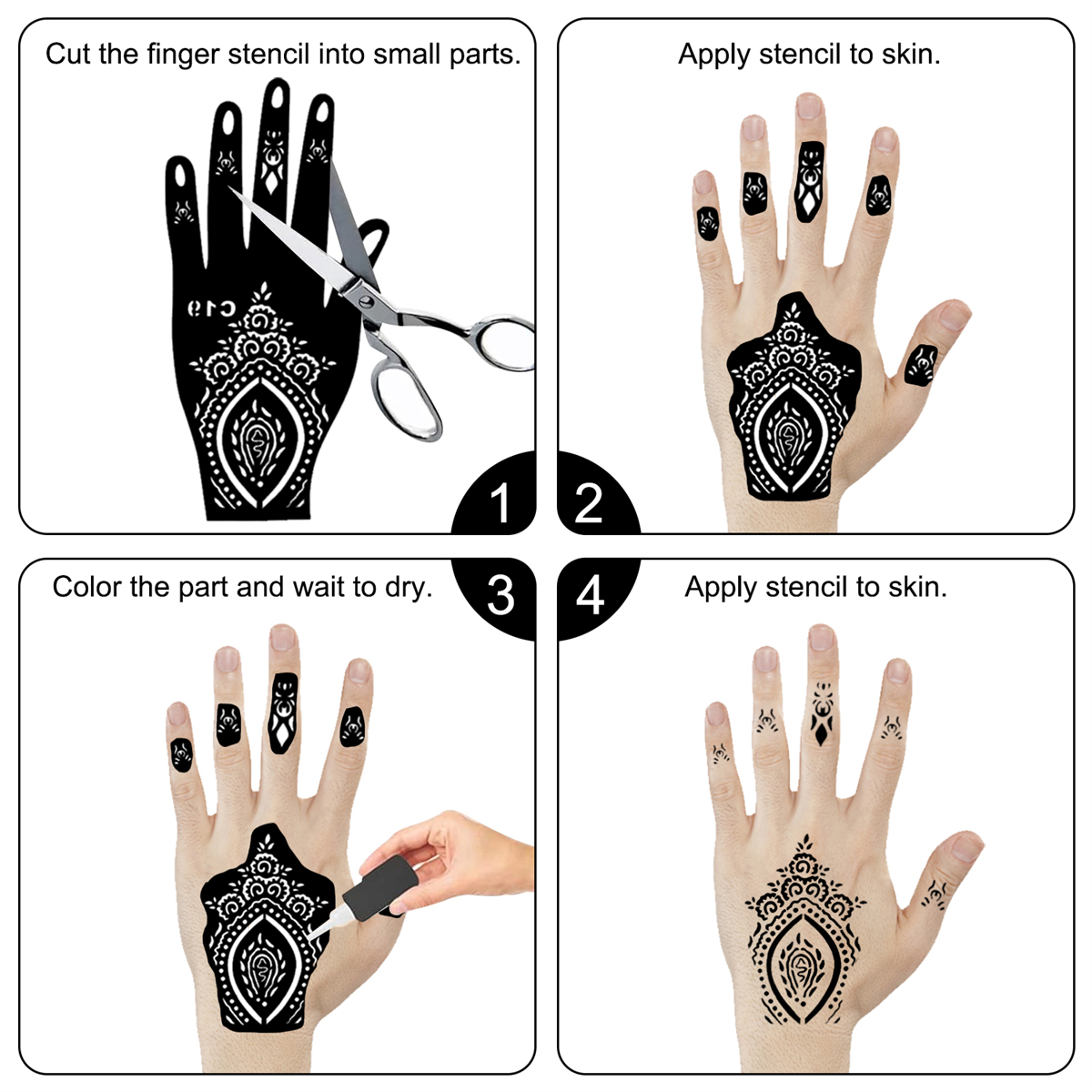 Vierfeld-Bild, das den Handschablonenprozess für Henna-Tattoos zeigt.